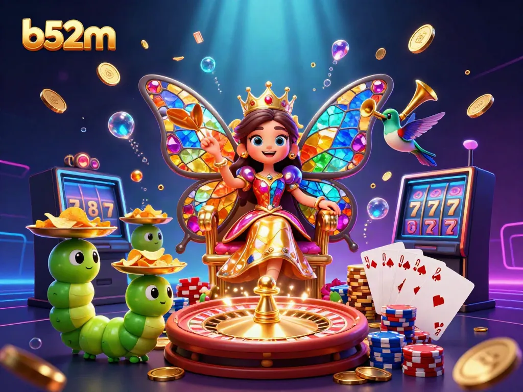 Engaging illustration showcasing b52m's vibrant casino realm with a butterfly queen and dynamic gambling elements