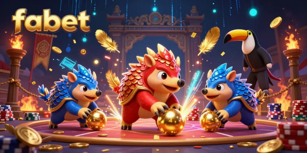 Engage in thrilling gaming with fabet as rival pangolins roll through golden balls and poker chips.