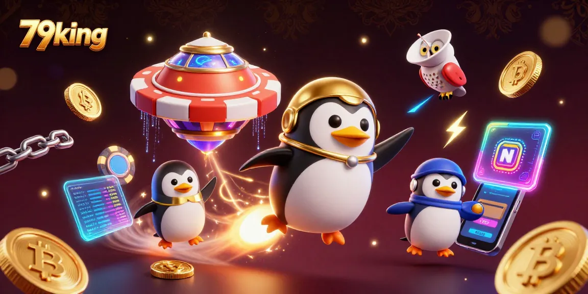 Win big at 79king with exciting casino adventures featuring a golden penguin and crypto elements.