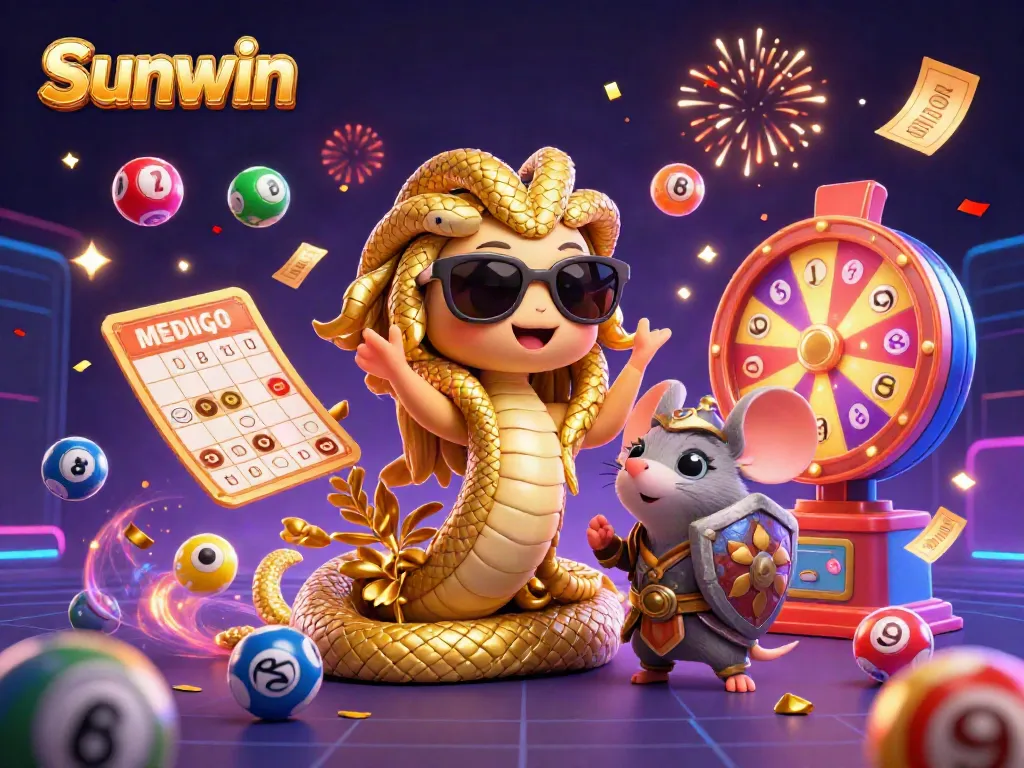 Experience Sunwin's vibrant gaming atmosphere with a friendly Medusa and a warrior mouse in a dynamic 3D illustration.