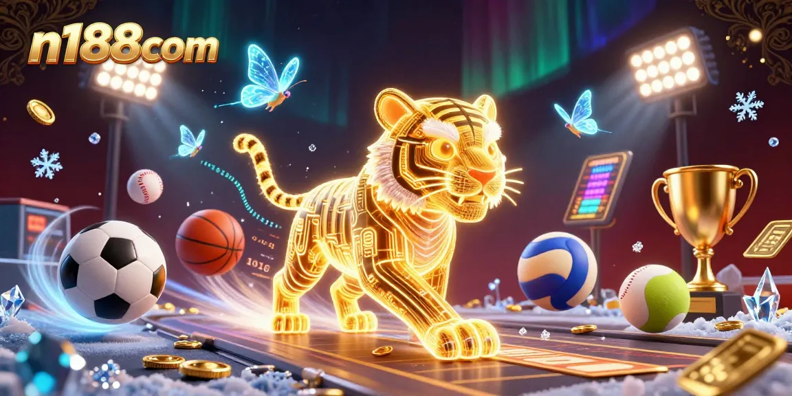 Experience the vibrant energy of online gaming with n188com's dynamic casino scene featuring a luminous tiger and sports action.