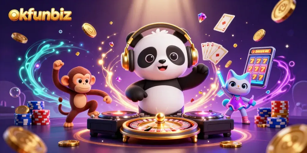 Spin to win with okfunbiz as the DJ panda drops beats in a lively online casino scene.
