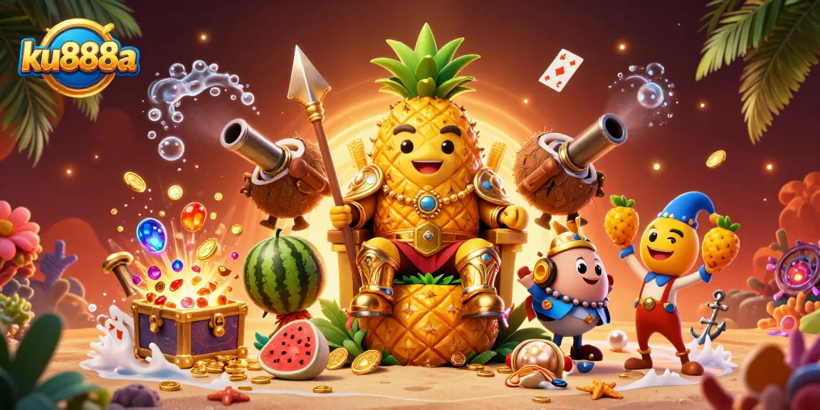 Witness the vibrant action at ku888a's beach casino with lively characters and dynamic game elements.