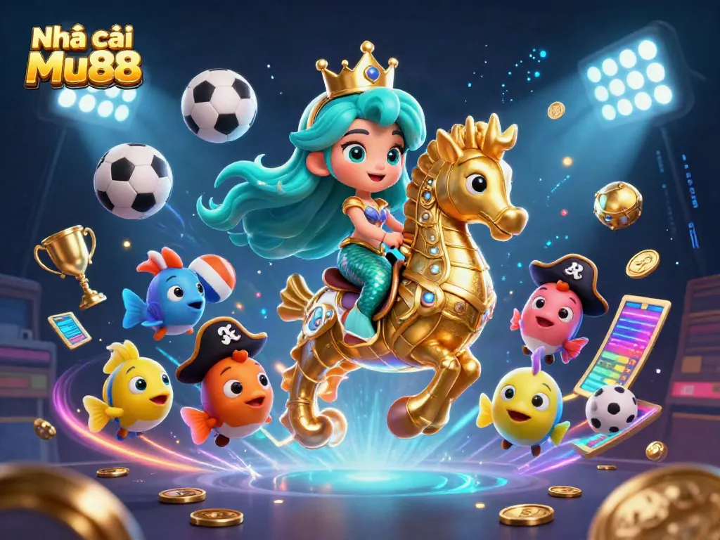Engaging scene showcasing Nhà cái Mu88, featuring a mermaid princess, seahorse, and vibrant sports-themed elements.