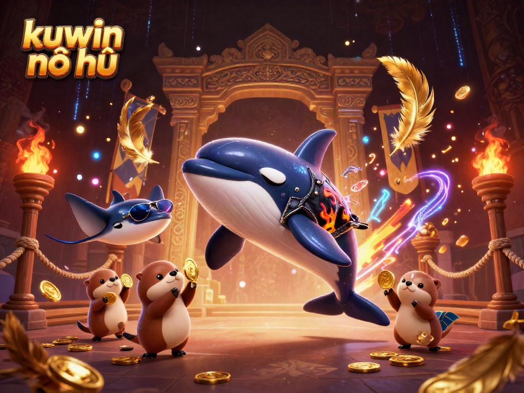 Engage in kuwin nổ hũ excitement with a vibrant 3D illustration of characters celebrating wins.