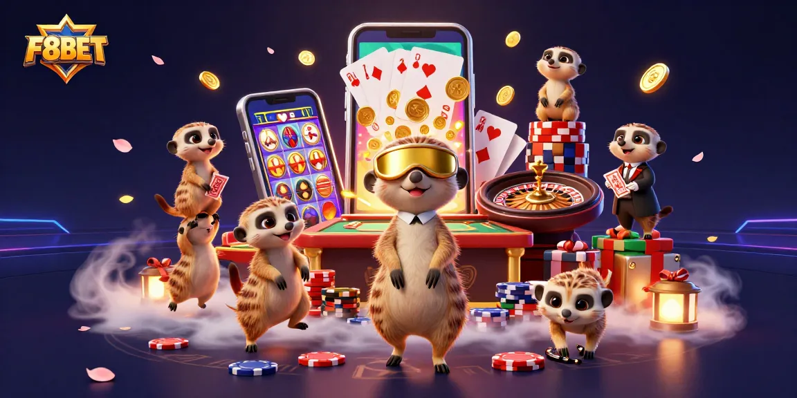 F8BET meerkats run a casino with vibrant games and gold, showcasing excitement and winning potential.