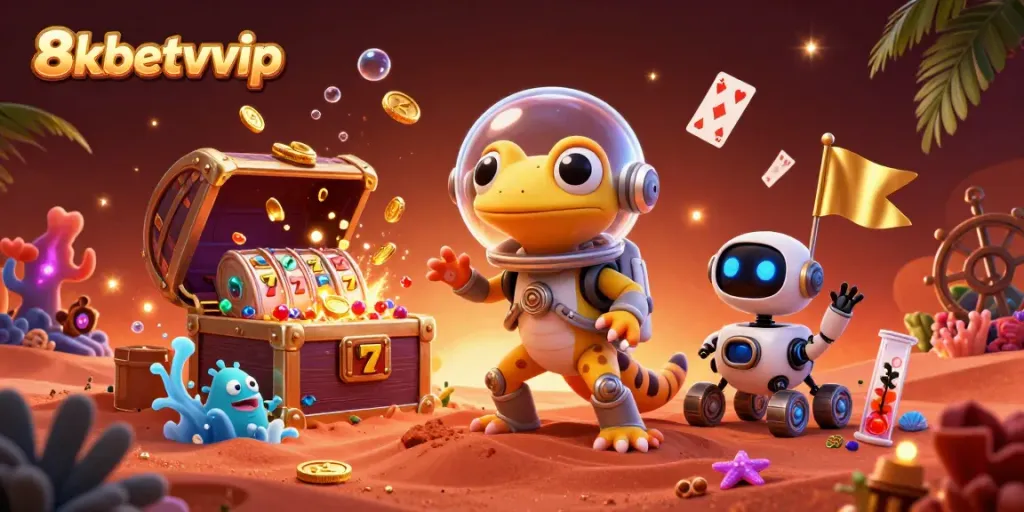 Experience the excitement of 8kbetvvip with a Martian gecko discovering a vibrant casino.