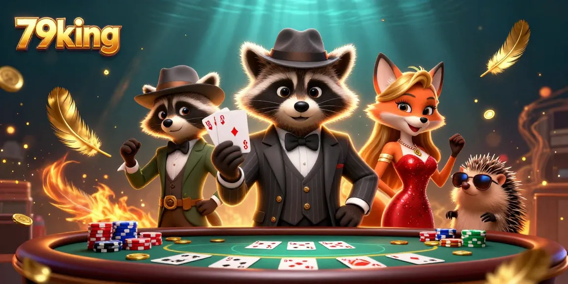 Play poker and win big at 79king with a suave raccoon, elegant fox, and a bouncer, amid gold coins and vibrant action.