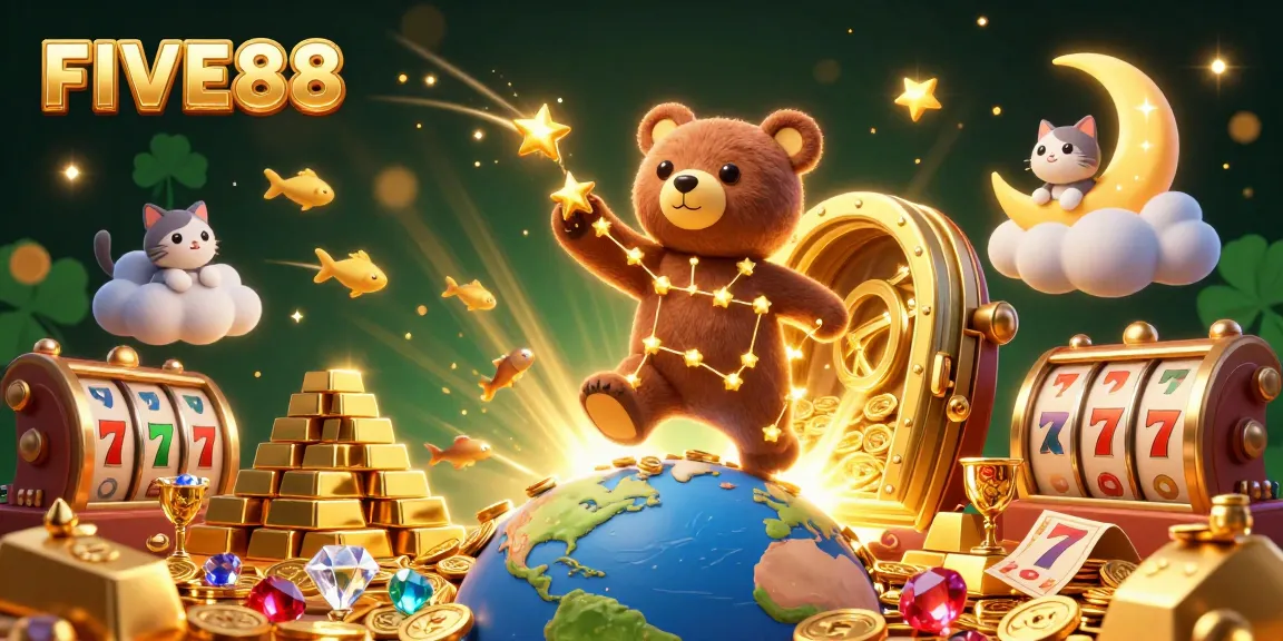Experience thrilling wins at FIVE88 with dynamic elements rich in gaming excitement, from treasures to vibrant character illustrations.
