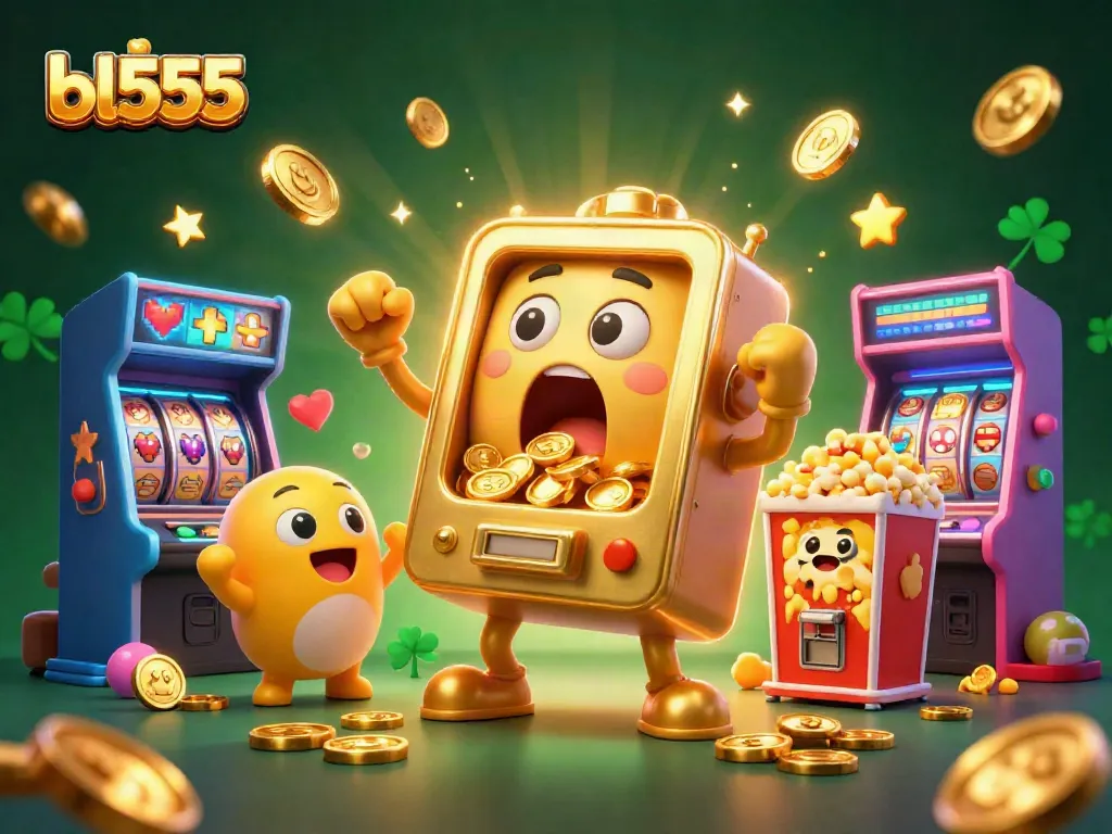 Win massive rewards with bl555 as the golden slot machine celebrates a jackpot, surrounded by cheering characters.