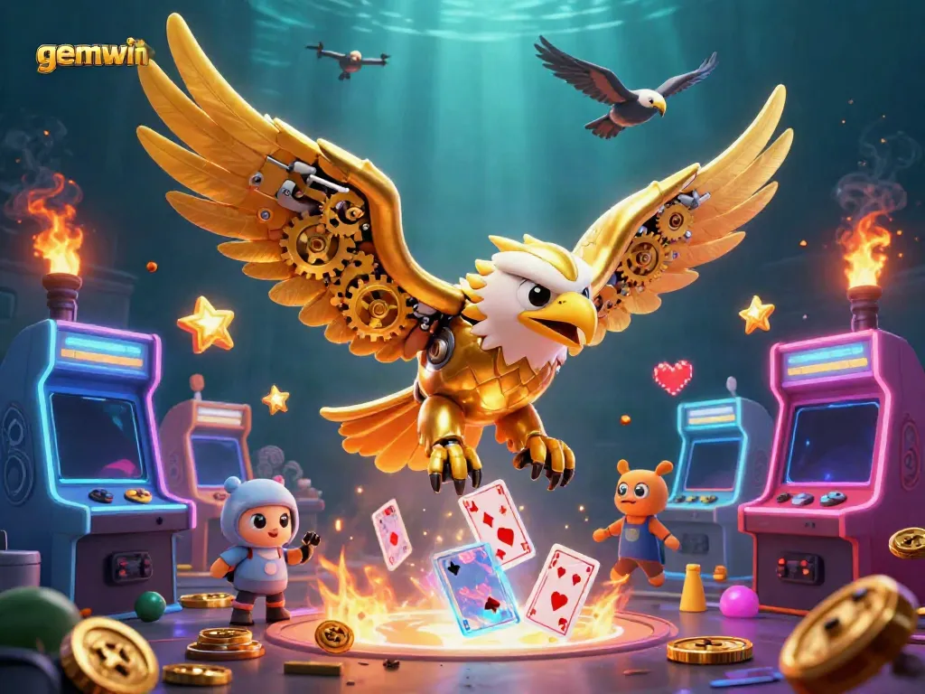 Experience thrilling gaming action with gemwin as a golden eagle dives through shimmering holographic cards.