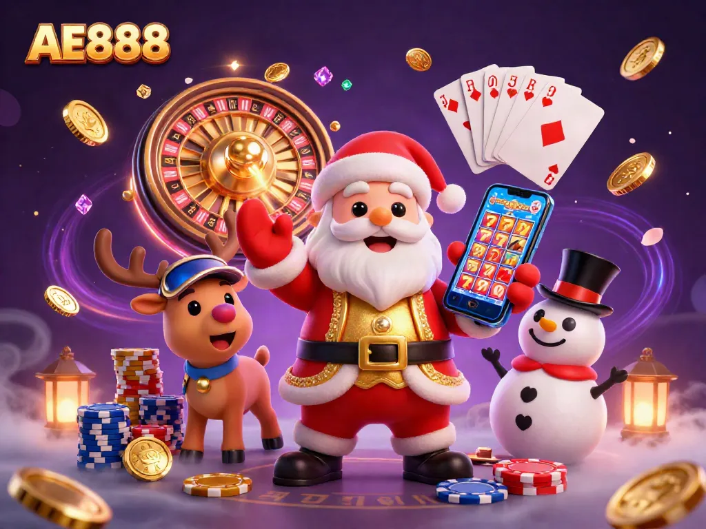 Join the festive fun with AE888's casino features, showcasing a Santa, reindeer dealer, and poker chip snowman.
