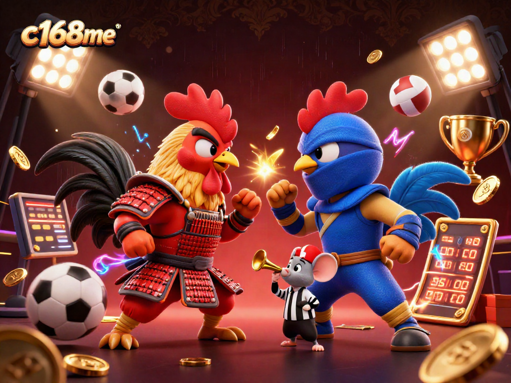 Engage with c168me's thrilling showdown of cartoon roosters in a dynamic casino sports scene.