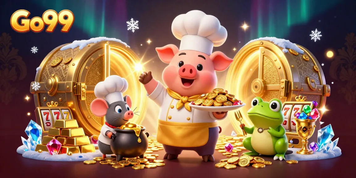 Go99 slots illustration featuring chef pig and golden coins, showcasing casino excitement.