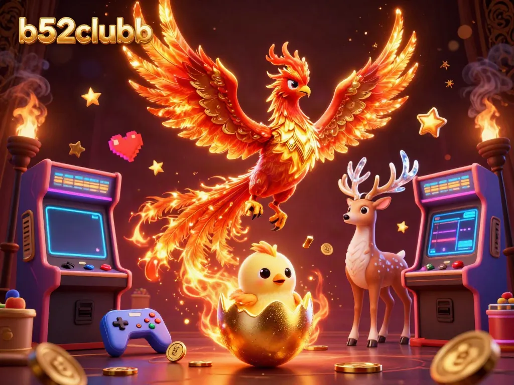 Engage with b52clubb's thrilling casino vibe through vibrant phoenix and gaming elements.