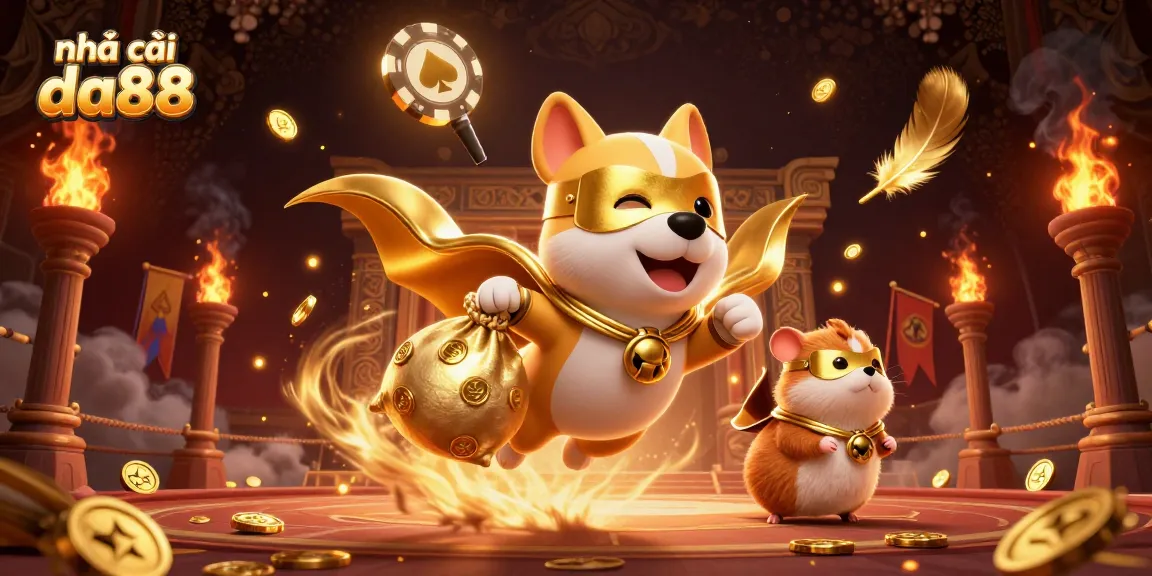 Experience the excitement of nhà cái da88 with a dynamic 3D casino scene featuring a superhero dog and vibrant casino elements.