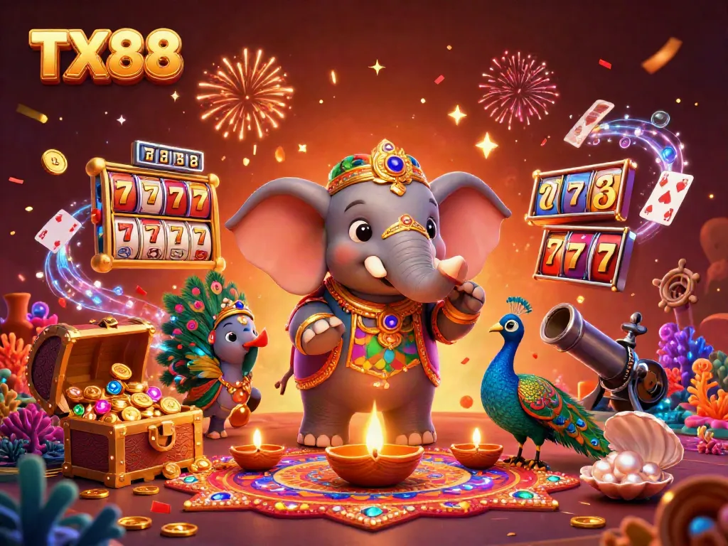 Engage with TX88's vibrant casino atmosphere featuring a Diwali-themed elephant surrounded by slots and festive decorations.