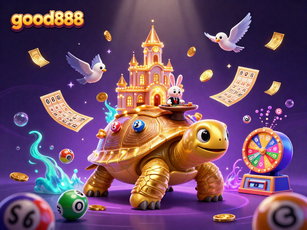 Experience exciting gameplay with good888, featuring a golden tortoise casino, rabbit dealer, and lottery elements.