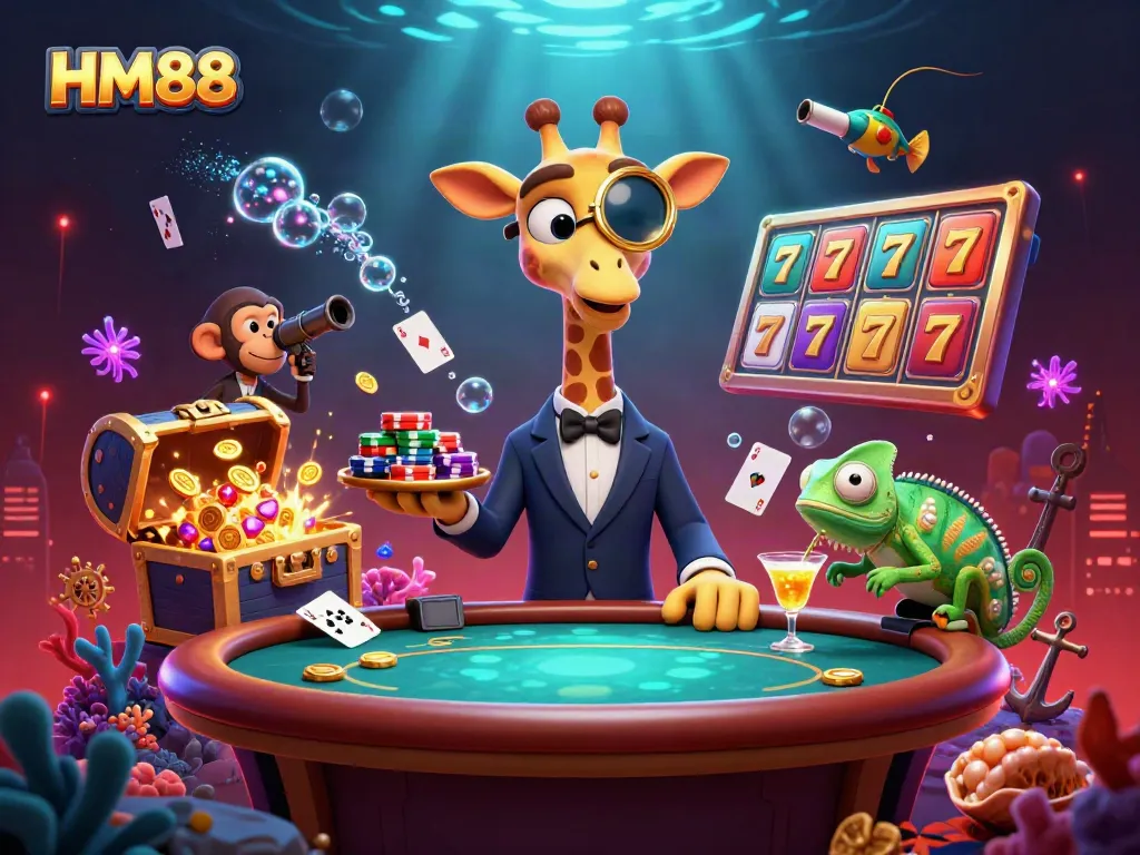Experience vibrant gaming with HM88 at a dynamic casino scene showcasing thrilling slots and interactive characters.