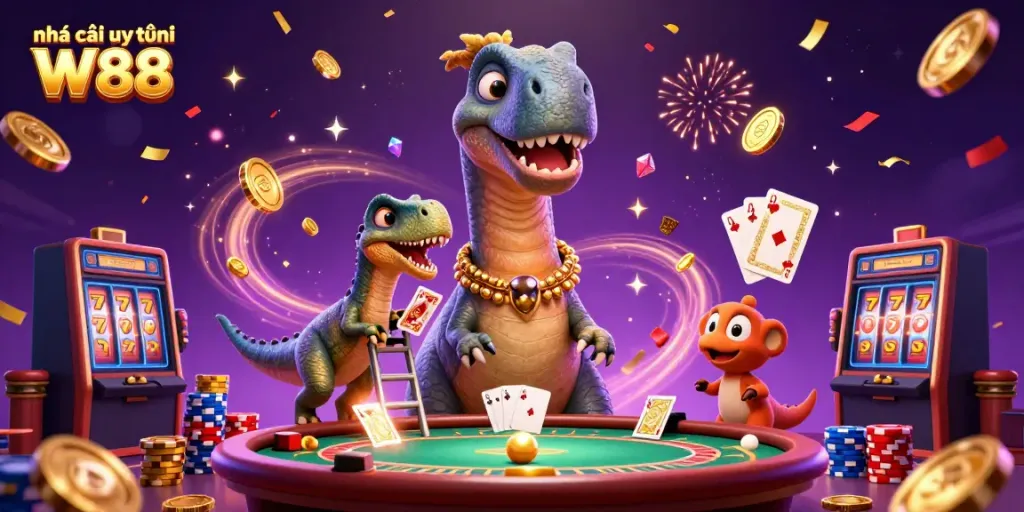 Experience the thrill of winning at Nhà cái uy tín W88 with an engaging casino scene featuring unique characters and vibrant game elements.
