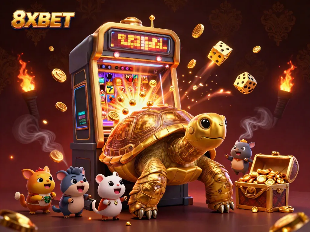 Experience the excitement of 8XBET with a golden tortoise pinball machine and slot jackpots.