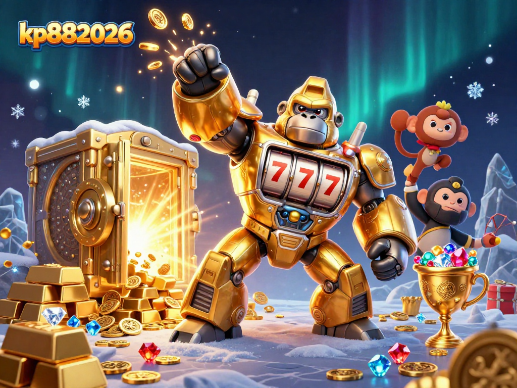 Experience exciting wins at kp882026 with a dynamic slot machine-themed gorilla mech illustration.