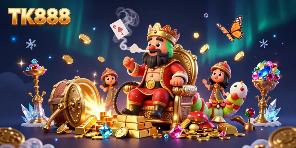 Experience the exciting casino world of TK888 with a vibrant illustration of a caterpillar smoking rings forming poker hands amidst gold treasures.