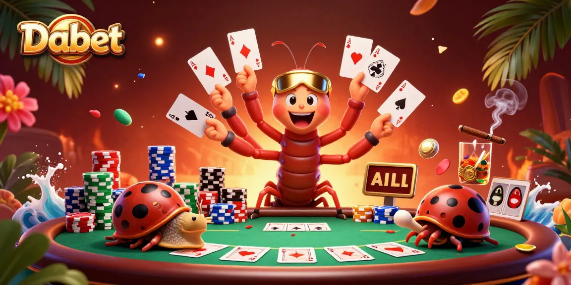 Dabet features an exciting scene with a cartoon millipede dealer expertly fanning cards while a snail high-roller pushes chips.