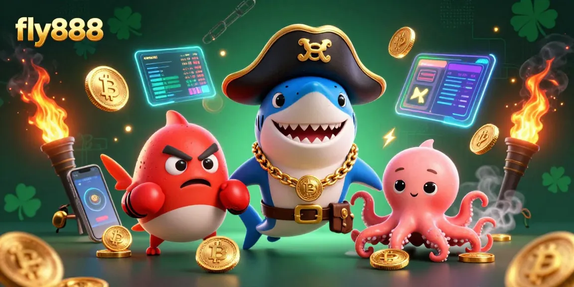 Experience entertainment and excitement with fly888 featuring a dynamic pirate shark, pufferfish, and octopus in a vibrant casino scene.