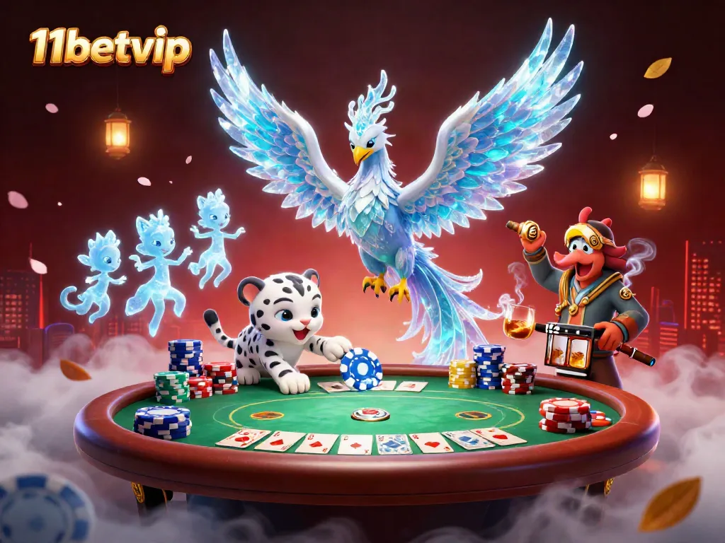 11betvip offers a vibrant casino illustration showcasing a stunning phoenix, a playful snow leopard, and ice sprites around a lively poker scene.