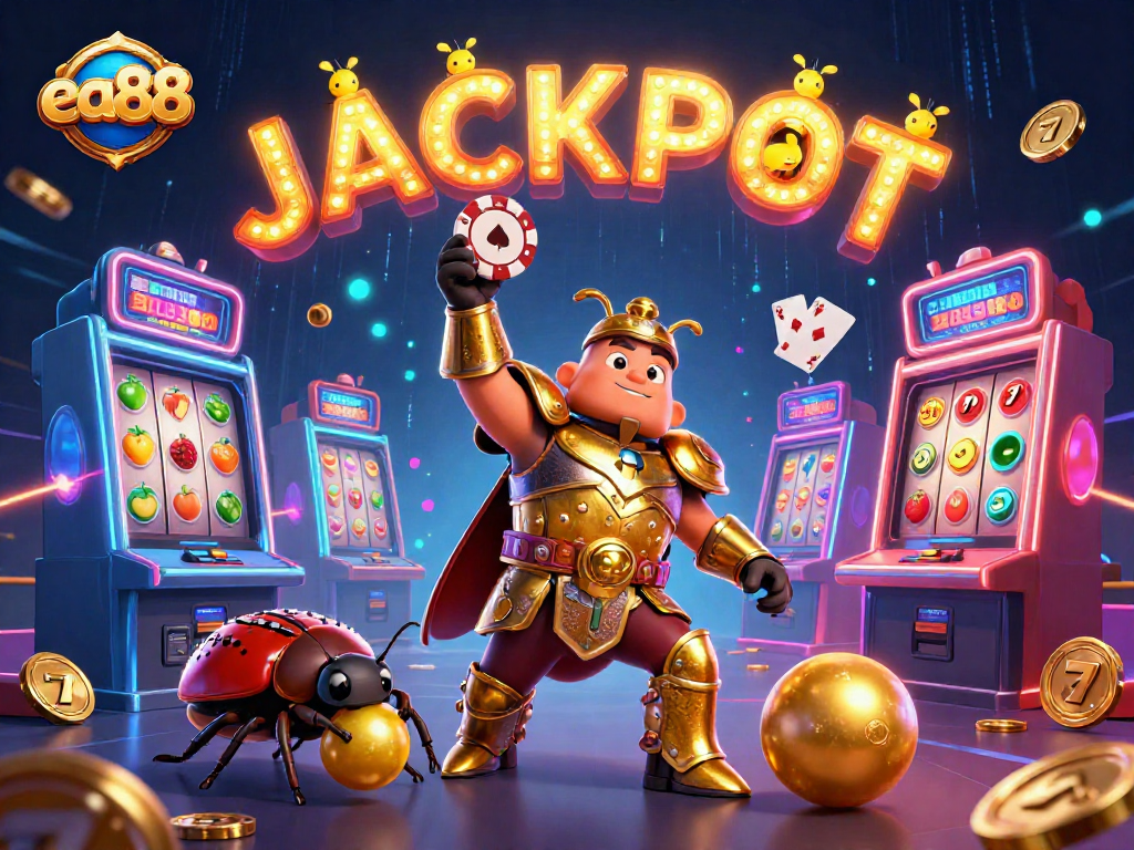 ea88 players celebrate a big win with a golden poker chip and vibrant casino elements.