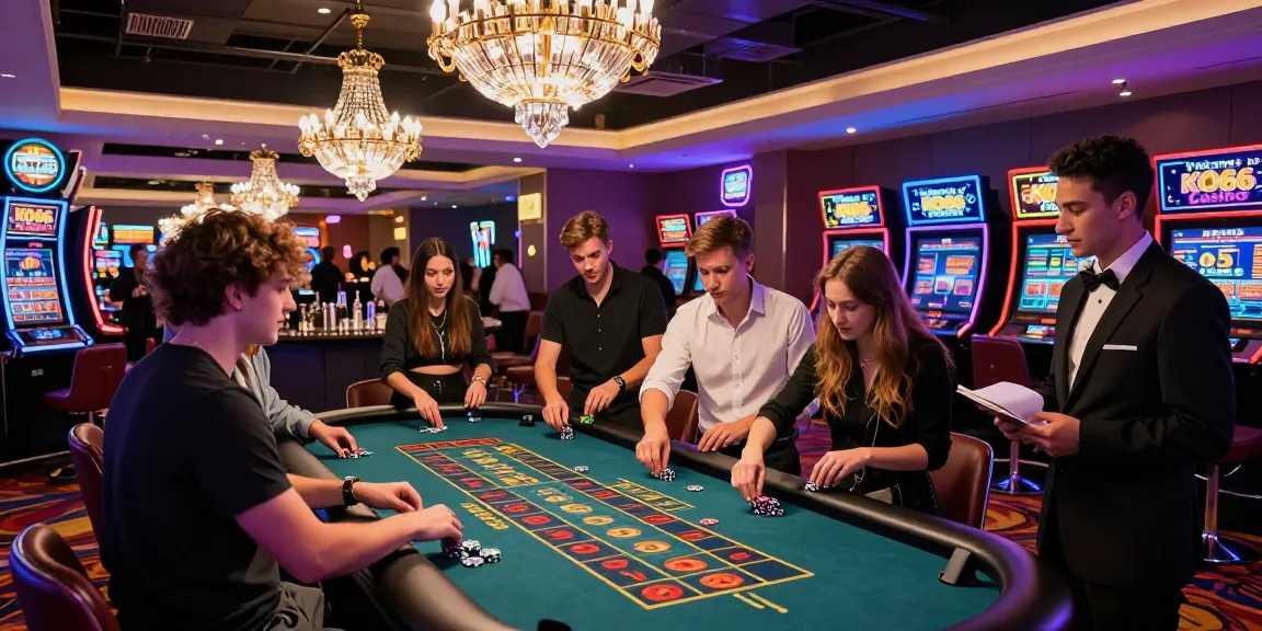 Exciting KO66 Casino atmosphere with young adults at a roulette table.