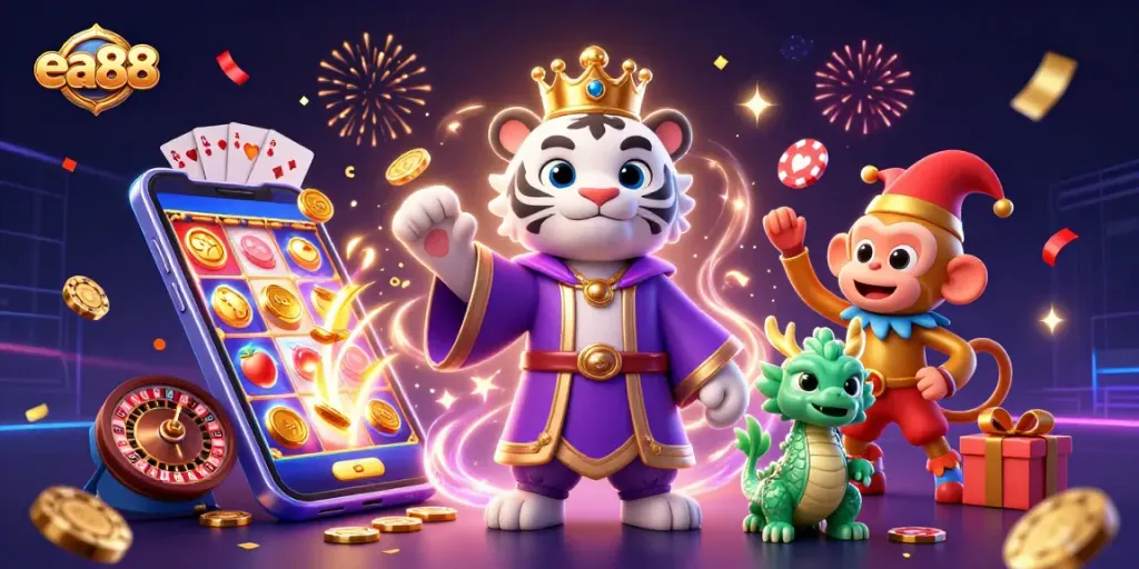 Join the exhilarating fun at ea88 with vibrant games and opulent characters in this captivating gambling scene.