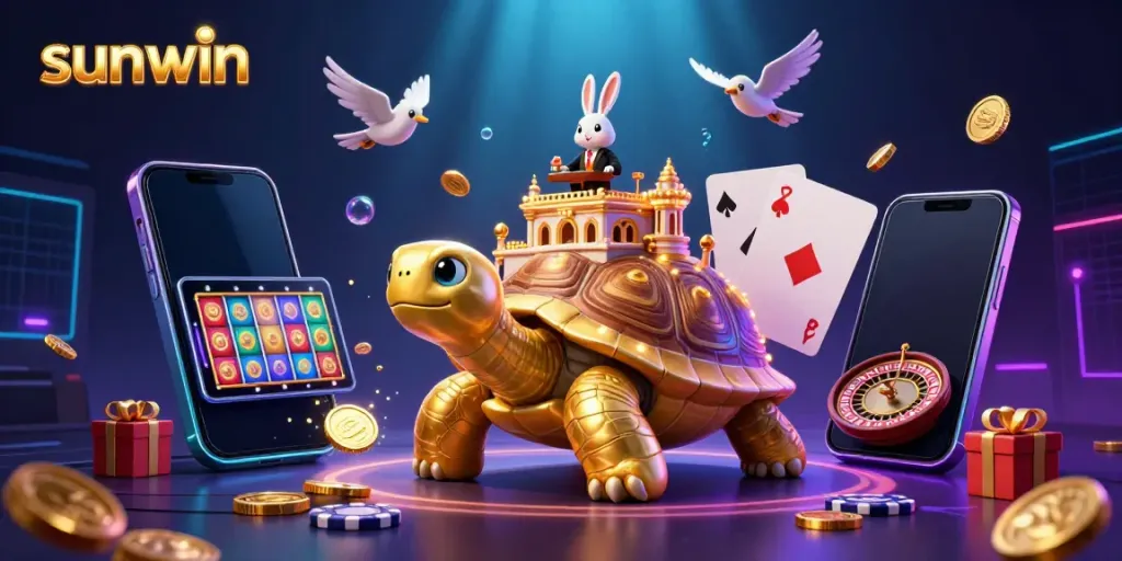 Experience sunwin's vibrant casino adventure featuring a golden tortoise and rabbit dealer!
