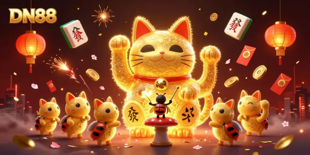 Experience the excitement of DN88's online casino scene featuring elements like a lucky cat and festive decor.