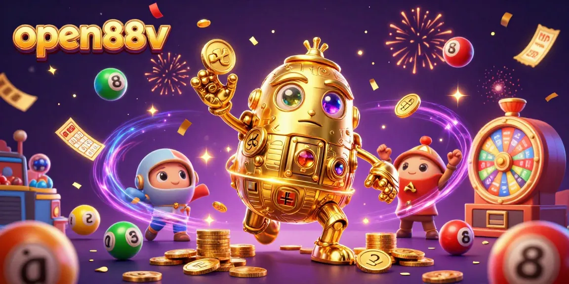 Engage with open88v's dynamic lottery excitement through a vibrant 3D casino illustration.