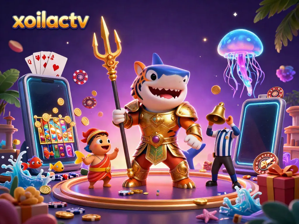 xoilactv features a dynamic underwater casino illustration with a tiger shark and vibrant game elements.