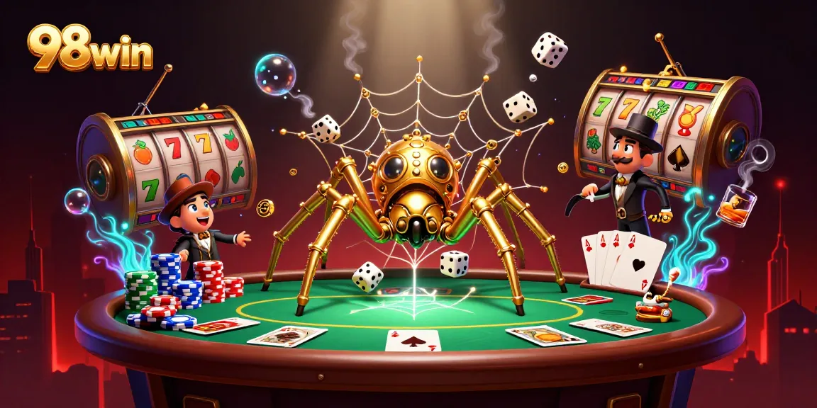 Engage with 98win's thrilling slots and poker in a rich 3D gaming scene featuring vibrant colors and rich visuals.