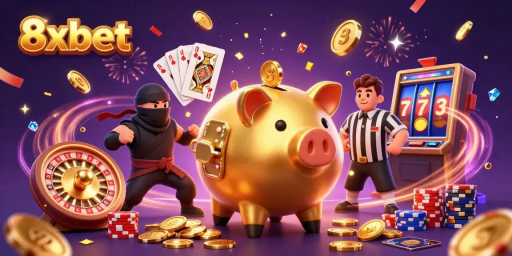 Engage in thrilling gameplay with 8xbet's dynamic online casino featuring golden piggy bank sumo wrestler and exciting elements.