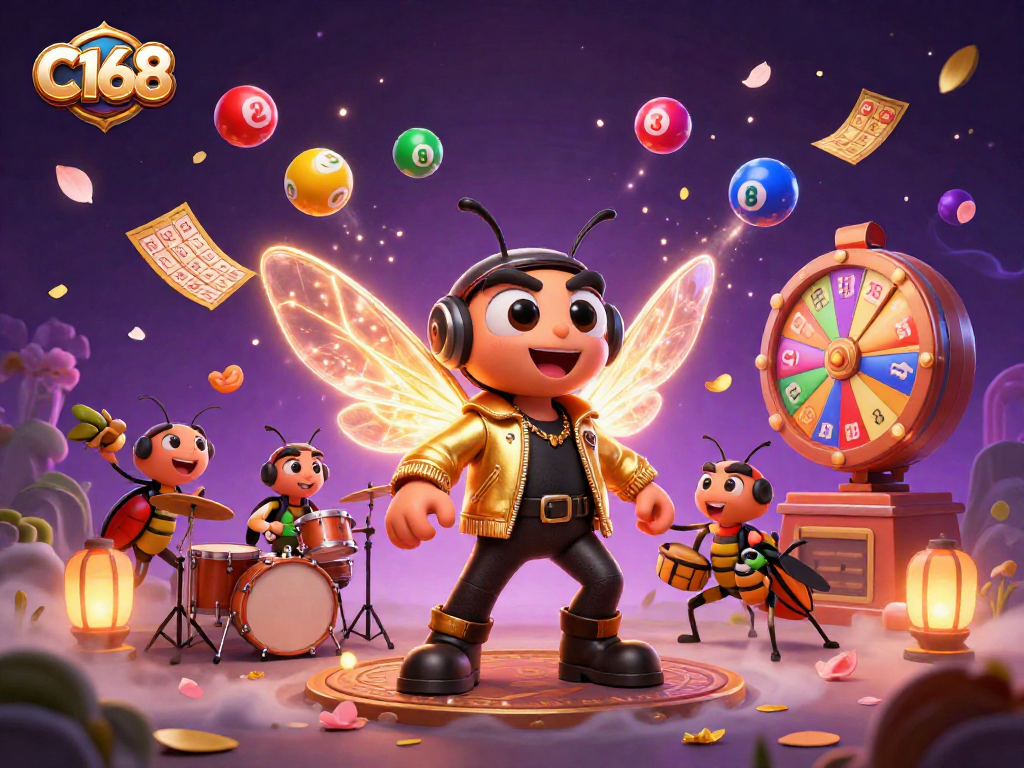 Experience excitement with C168's vibrant lottery scene featuring a rock star and dynamic game elements.