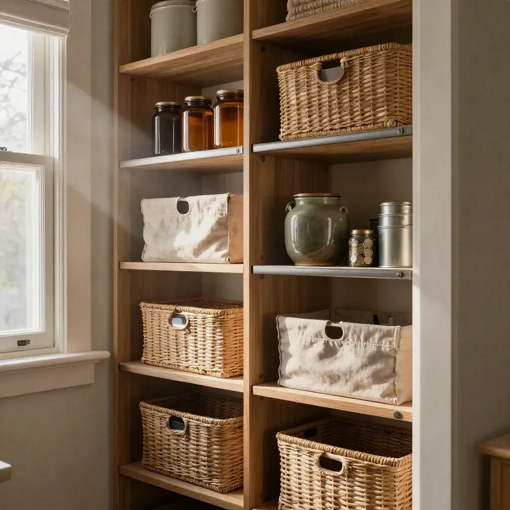 Pantry met nette voorraadbakken en gesorteerde huishoudcategorieën, warm daglicht.