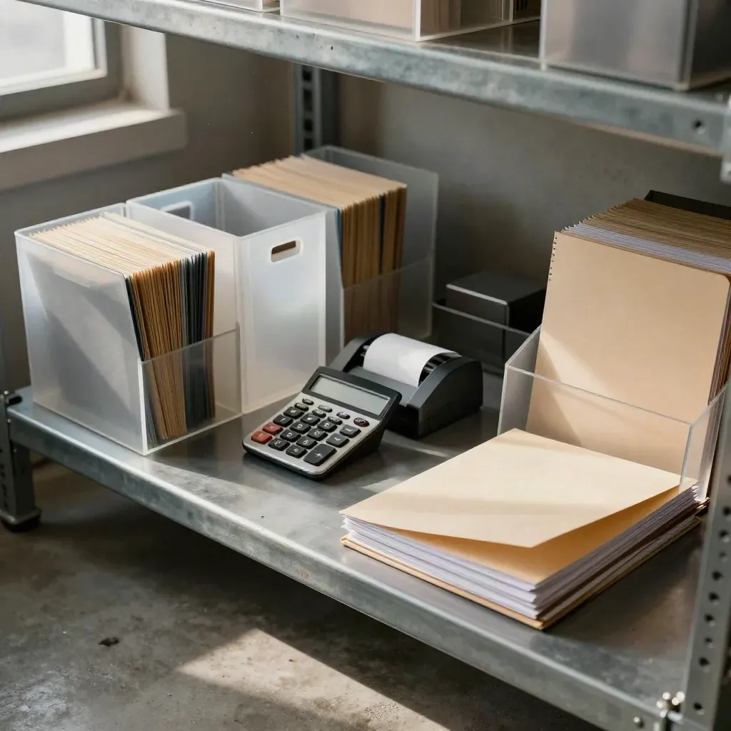 Backoffice rek met uitgavenbakjes, mappen en rekenmachine in rustig daglicht.