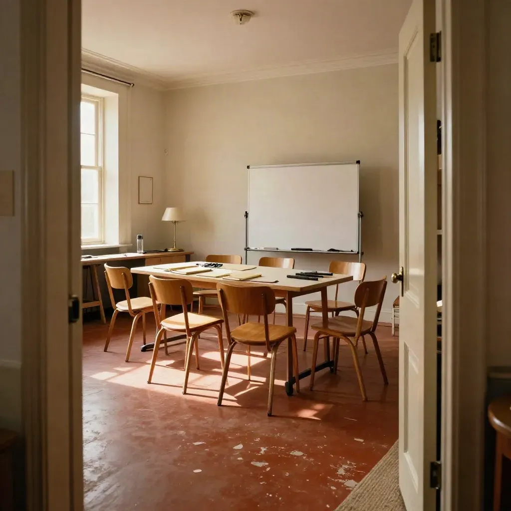 Warme workshopruimte met twaalf stoelen, flip-over en tafel met notitieboekjes en markers.