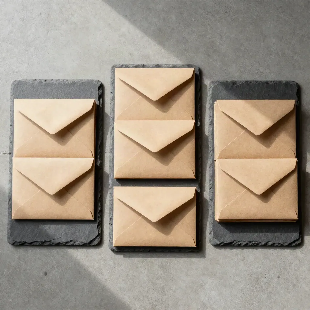 Bovenaanzicht van drie leien trays met nette budgetenveloppen op koel beton.