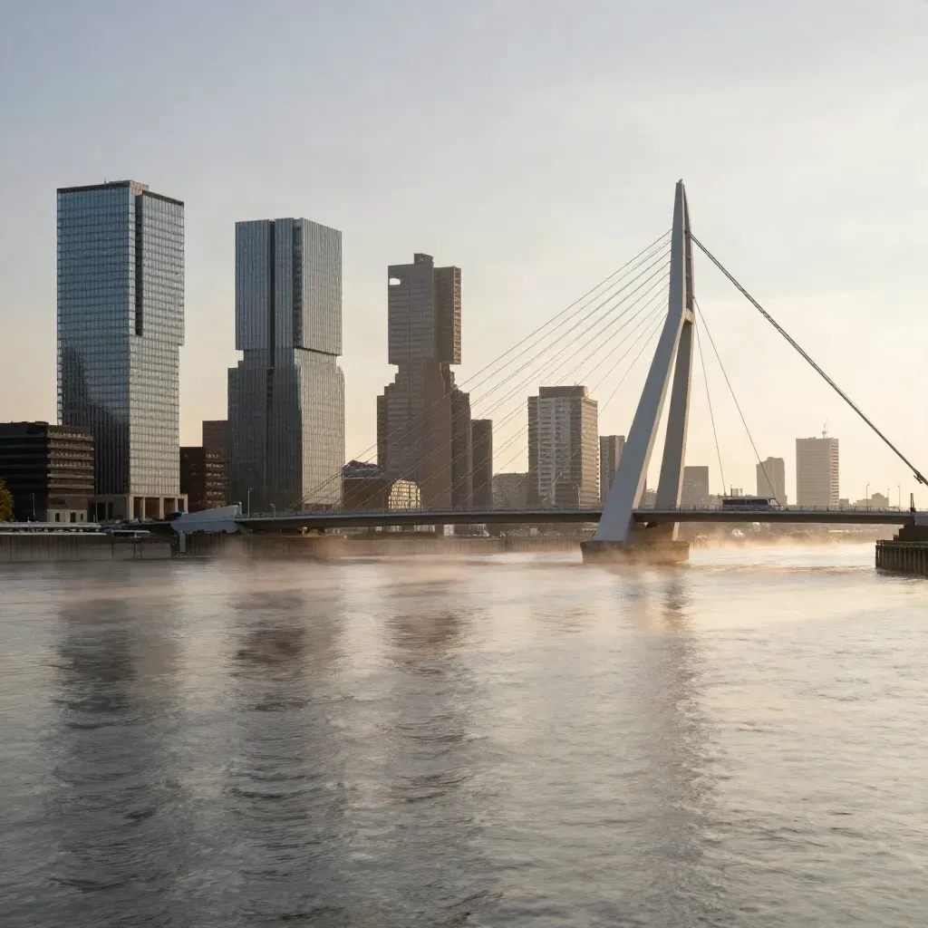 Rotterdams skyline met de Erasmusbrug boven een mistige Maas bij zacht goud licht.