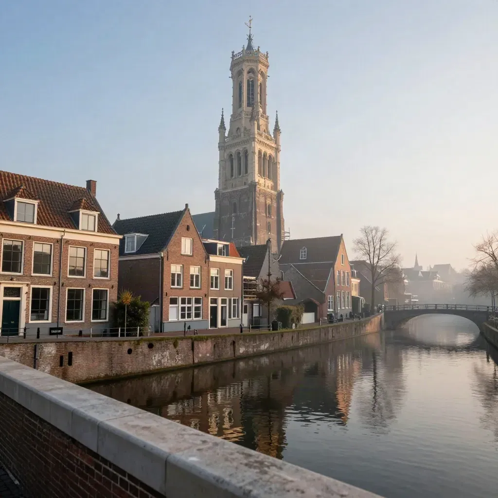De Domtoren boven een mistige Utrechtse gracht met rustige ruimte voor tekst