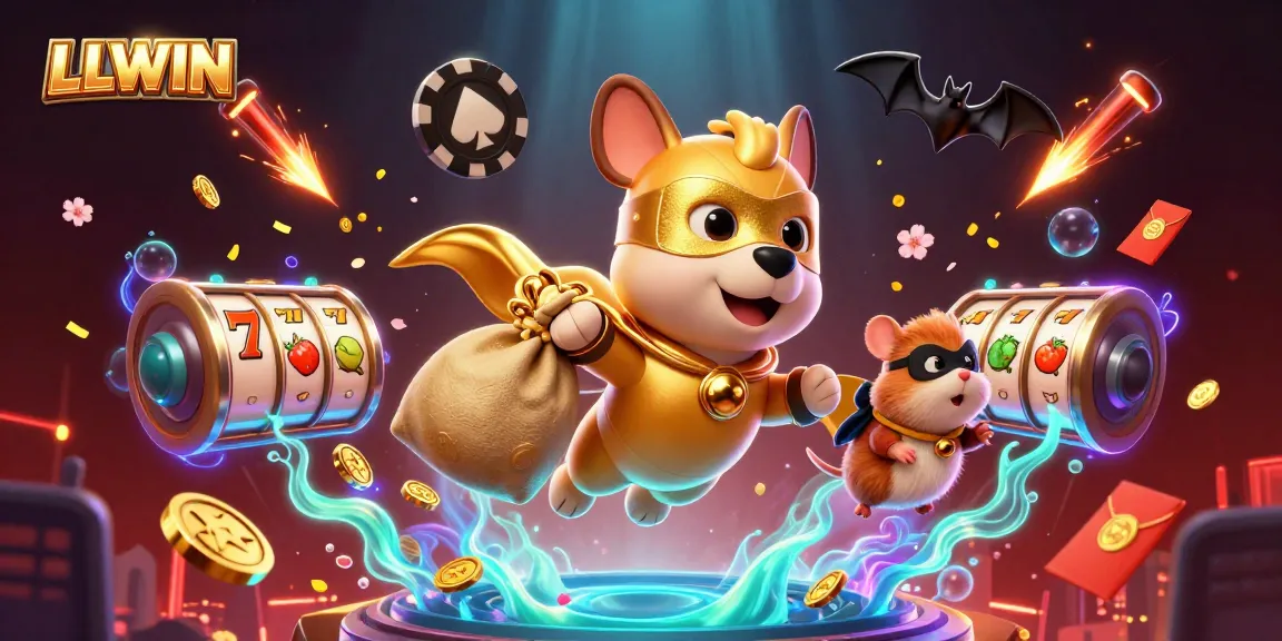 LLWIN showcases a superhero dog soaring with gold coins amidst vibrant casino elements.