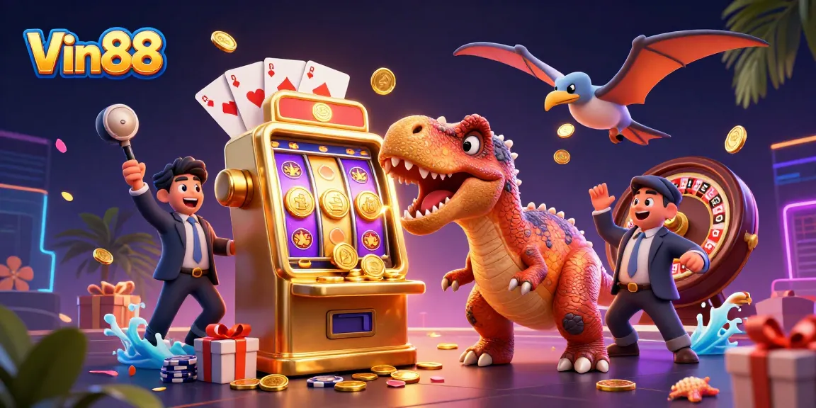 Win big with Vin88 as a dinosaur interacts with slot machines in a vibrant casino adventure.