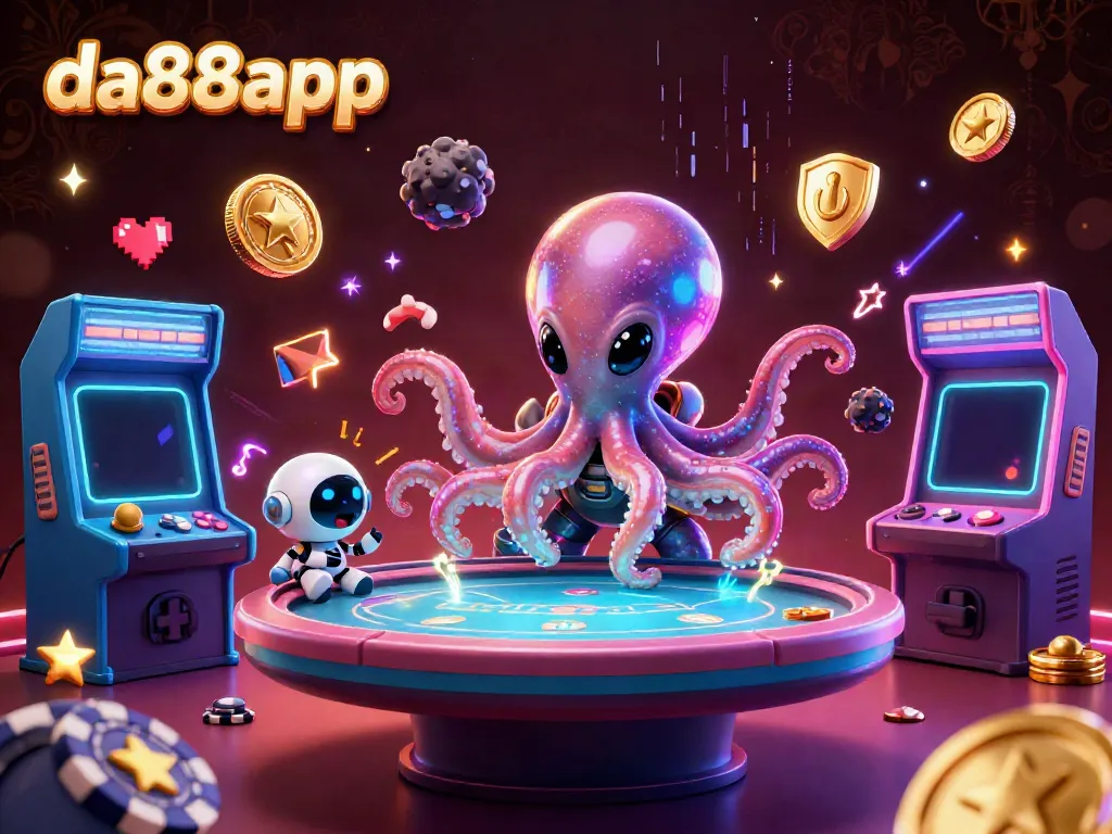Join the excitement with the da88app alien octopus as it deals poker chips at a glowing casino table.