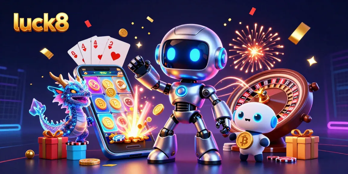 Experience luck8’s vibrant gaming world with a neon robot, AI dragon, and bitcoin drone amidst exciting slot games and festive effects.